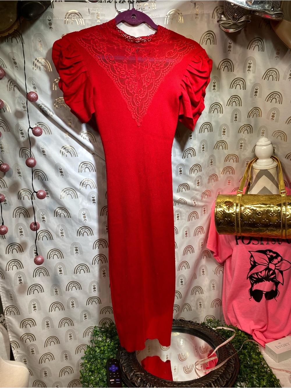 Almost Famous Red Lace Yoke Dress with Puff Sleeves